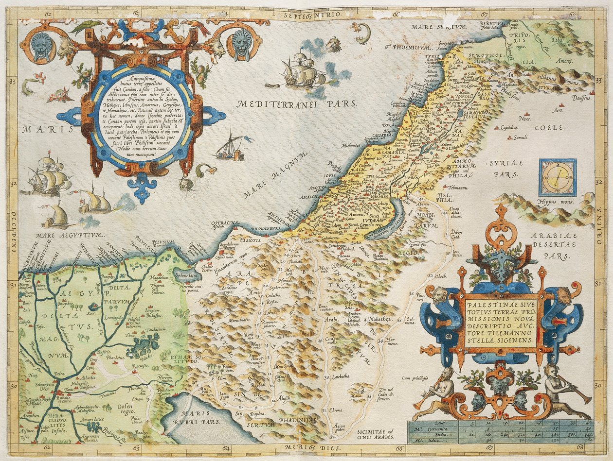 Palestina, av Abraham Ortelius, fra Theatrum Orbis Terrarum, Antwerpen, tallerken av Abraham Ortelius