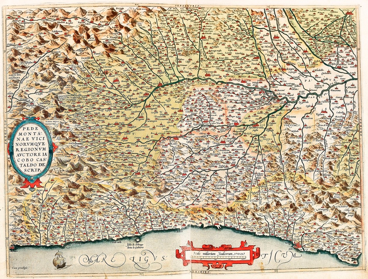 Beskrivelse av Piemonte og naboregionene av James Castaldo. Geografikart over Italias territorium fra Monaco i Frankrike til Genes og passerer gjennom provinsene Imperia de Savona og Genova fra "Theatrum Orbis Terrarum" av Abraham Ortelius ( av Abraham Ortelius