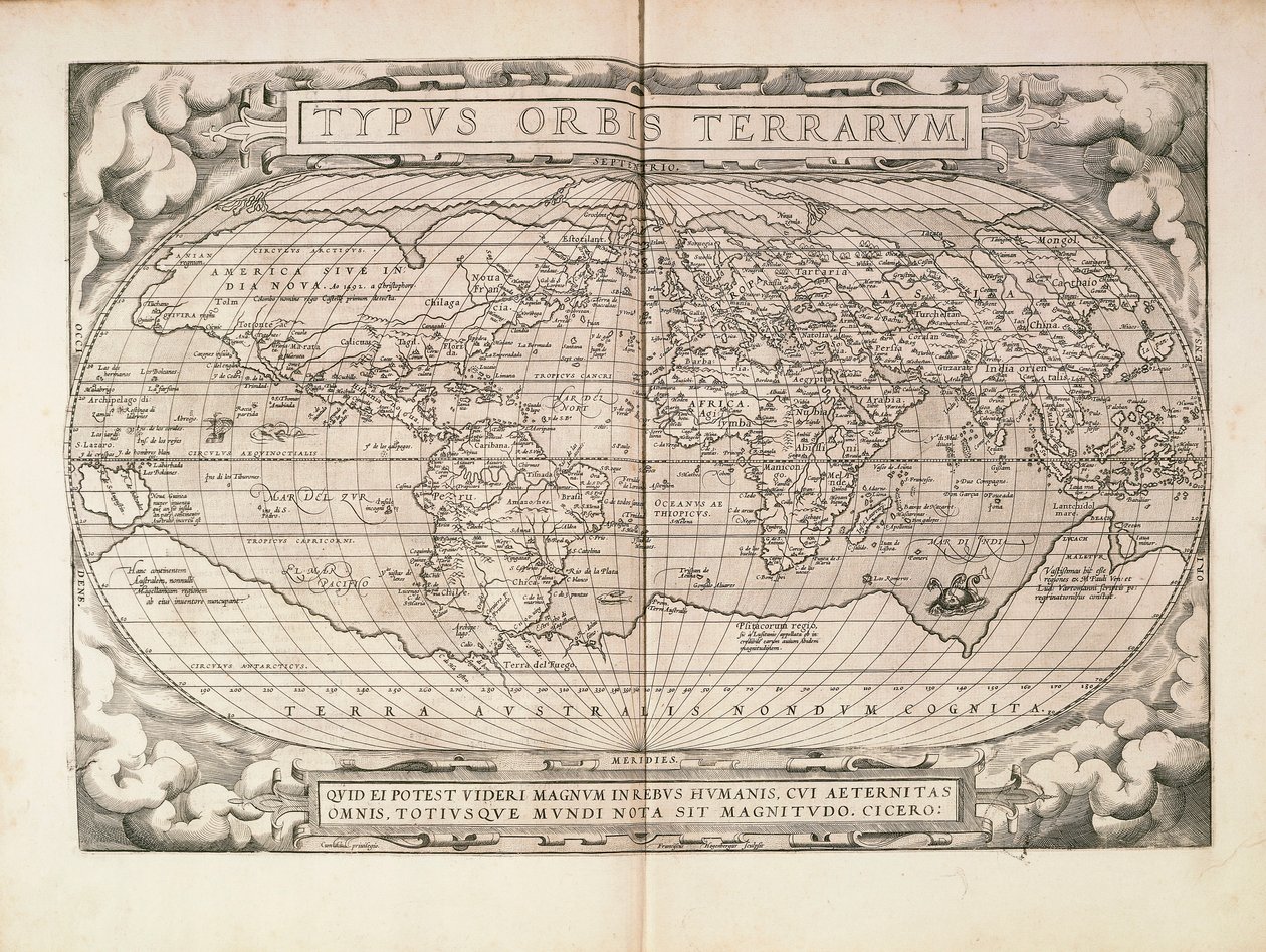 Planisphere fra Theatrum Orbis Terrarum av Abraham Ortelius, trykt i Antwerpen av Abraham Ortelius