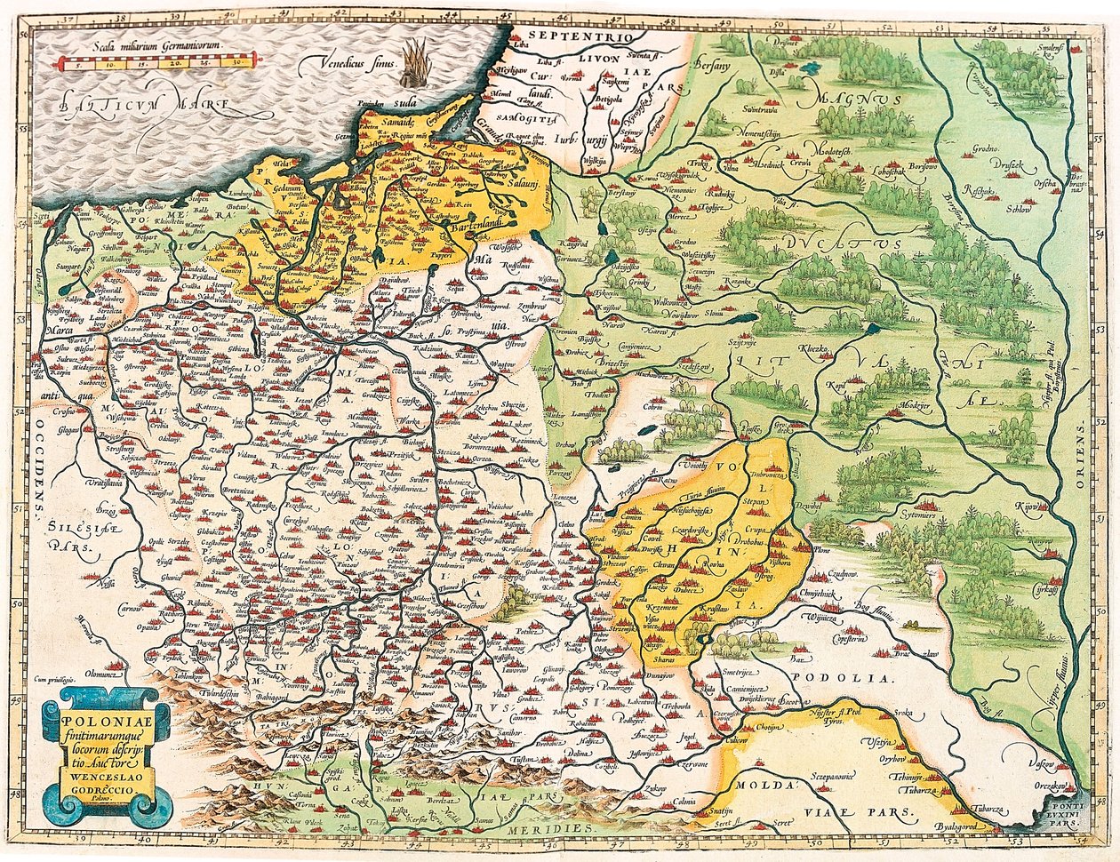 En beskrivelse av Polen og dets naboregioner. Geografikart over Polen fra "Theatrum Orbis Terrarum" av Abraham Ortelius (Oertel, Ortell eller Ortel av Abraham Ortelius