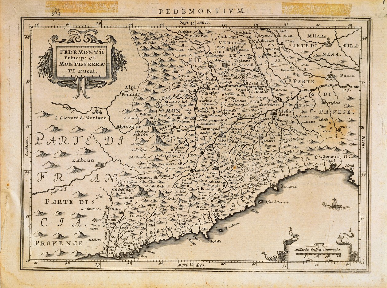 Fyrstedømmet Piemonte, hertugdømmet Monferrato, Vestliguria og en del av Østliguria-regionen, Fra Theatrum Orbis Terrarum av Abraham Ortelius av Abraham Ortelius