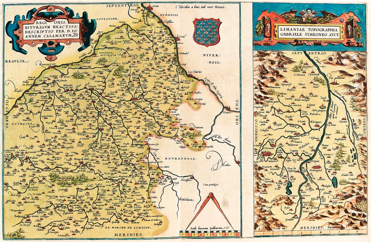Geografikart over territoriet til Bourges og regionen i sentrum i Gallia (Frankrike) fra "Theatrum Orbis Terrarum" av Abraham Ortelius (Oertel, Ortell eller Ortel av Abraham Ortelius