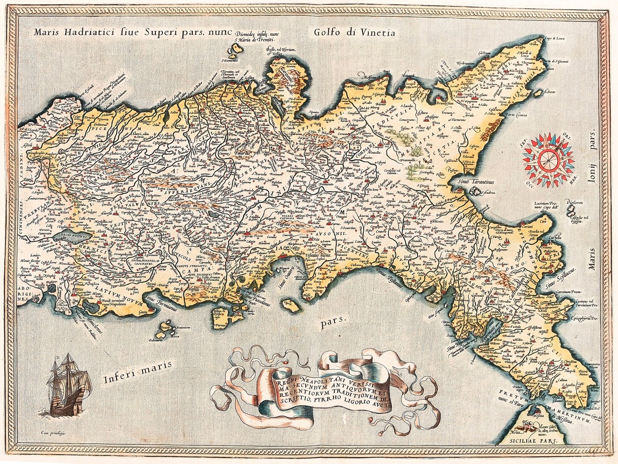 Den mest nøyaktige beskrivelsen av napolitanernes regjeringstid, i henhold til tradisjonen til de gamle og de moderne, av Pyrrhus Ligorius aukt. Geografikart over territoriet til kongeriket Napoli i Italia fra "Theatrum Orbis Terrarum" av Abraham av Abraham Ortelius
