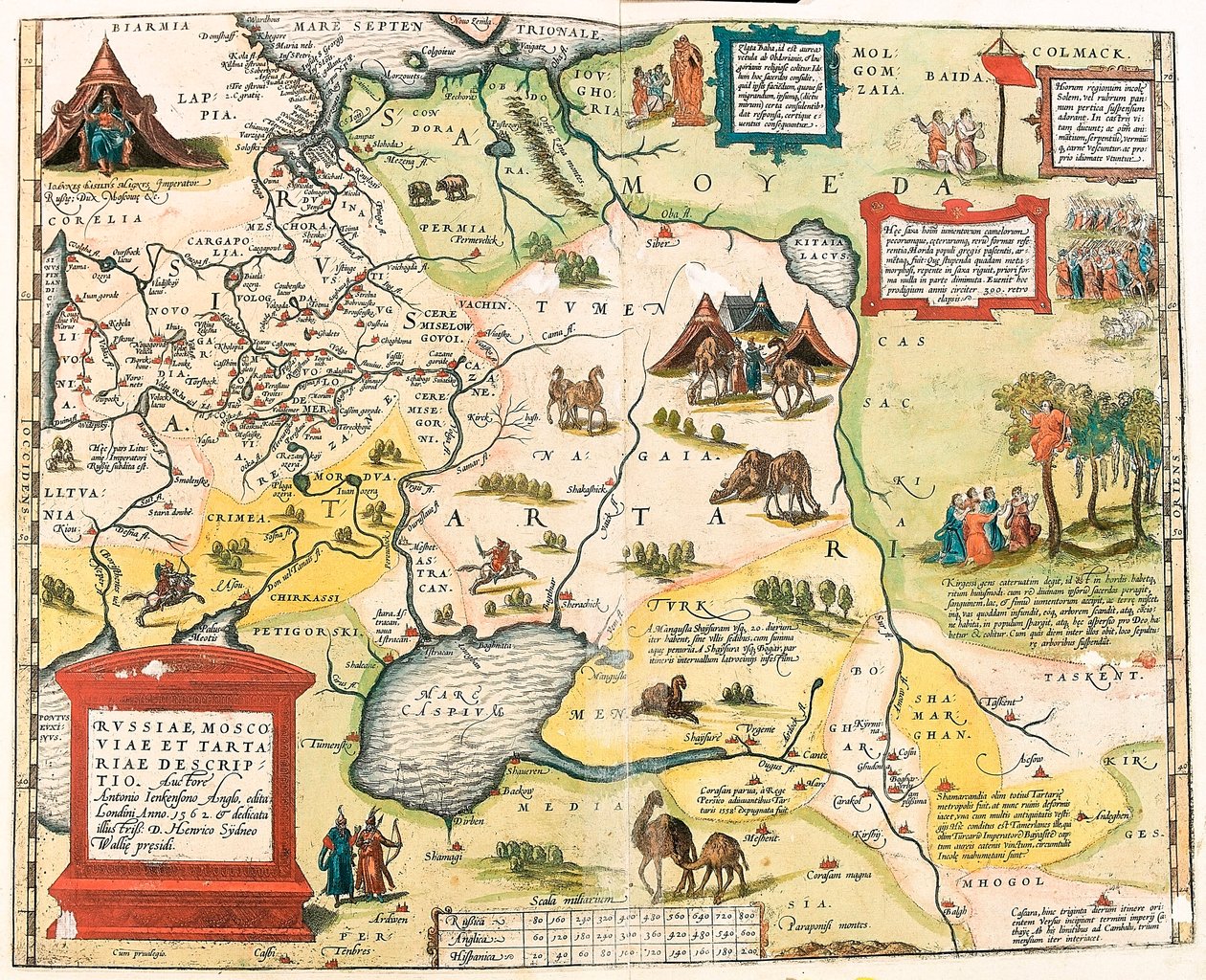 Beskrivelse av Russland, Muscovy og Tartary. Forfatter Antonio Ienkenson Anglo, publisert i London i 1562 Geografikart over Russlands territorium fra "Theatrum Orbis Terrarum" av Abraham Ortelius (Oertel, Ortell eller Ortel av Abraham Ortelius