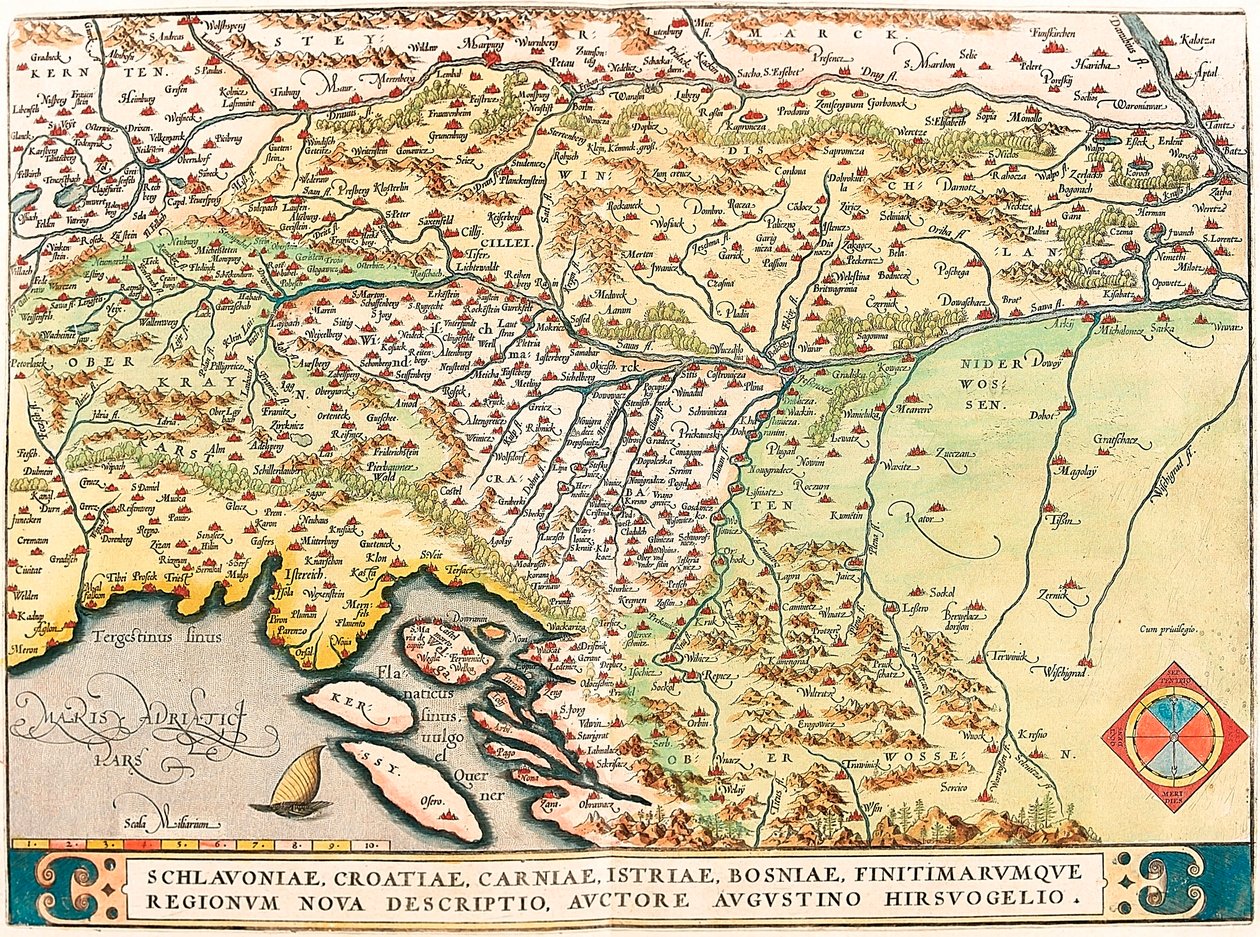Schlavoniae, Kroatia, Carniae, Istria, Bosniae, Bordereum Regionum Nova Descriptio, Authore Augustino Hirsuogelio Geografisk kart over territoriene til Slavonia, Kroatia, Bosnia og Dalmatia fra "Theatrum Orbis Terrarum" av Abraham Ortelius av Abraham Ortelius