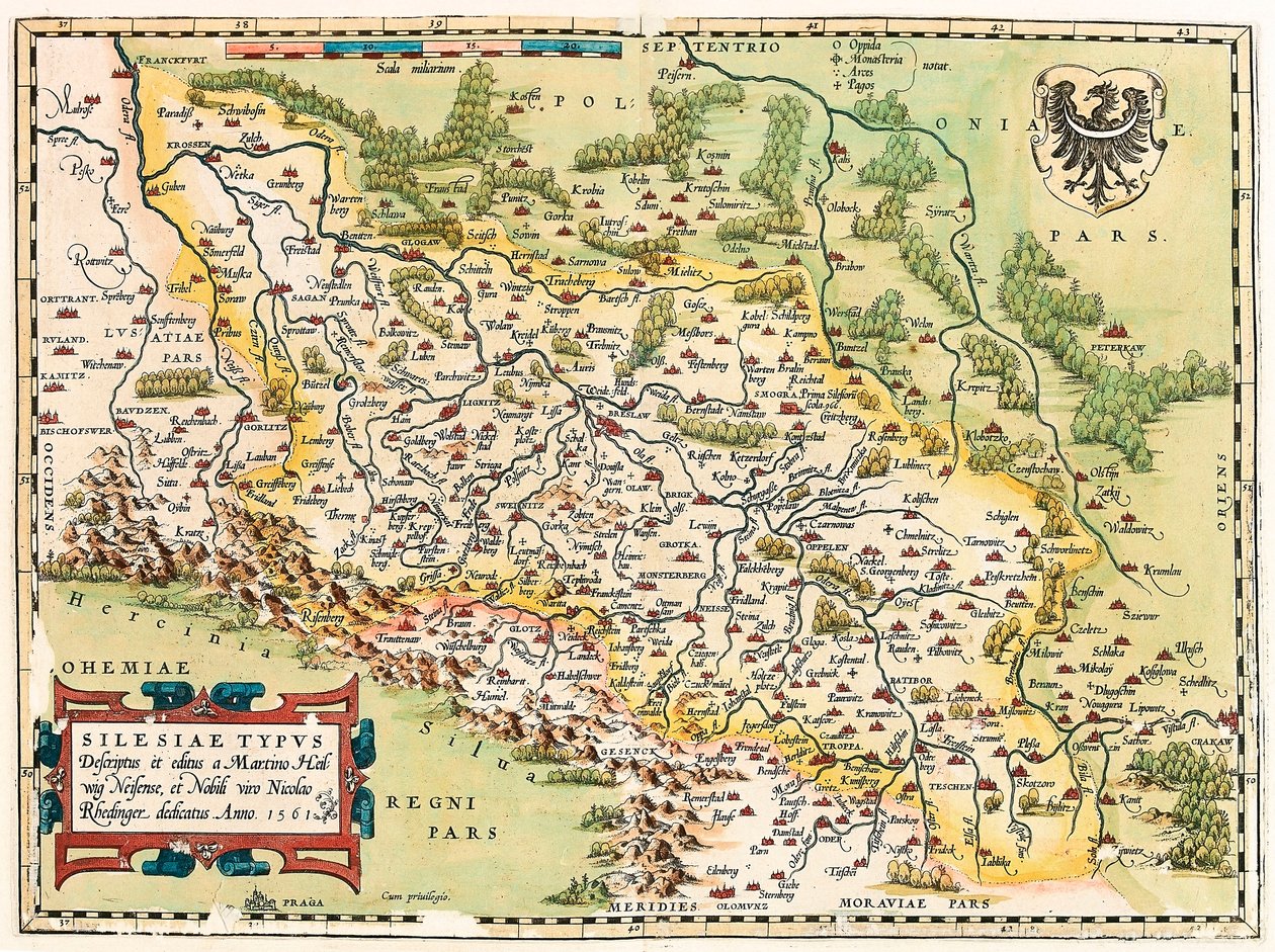 Silesia Type Beskrivelse og beskrivelse og redigert av Martin Heilwid Neilsense og edle ektemann Nicolas Rhedinger Anno 1561 Geografikart over territoriet sør for Frankfurt i Tyskland nær Polen fra "Theatrum Orbis Terrarum" av Abraham Ortelius ( av Abraham Ortelius