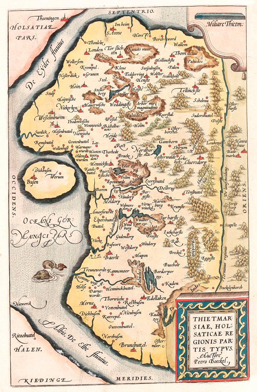 Thietmarsiae, Holsaticae regionale partier typus Geografikart over Nord-Tyskland med byen Kuden hentet fra "Theatrum Orbis Terrarum" av Abraham Ortelius (Oertel, Ortell eller Ortel). av Abraham Ortelius