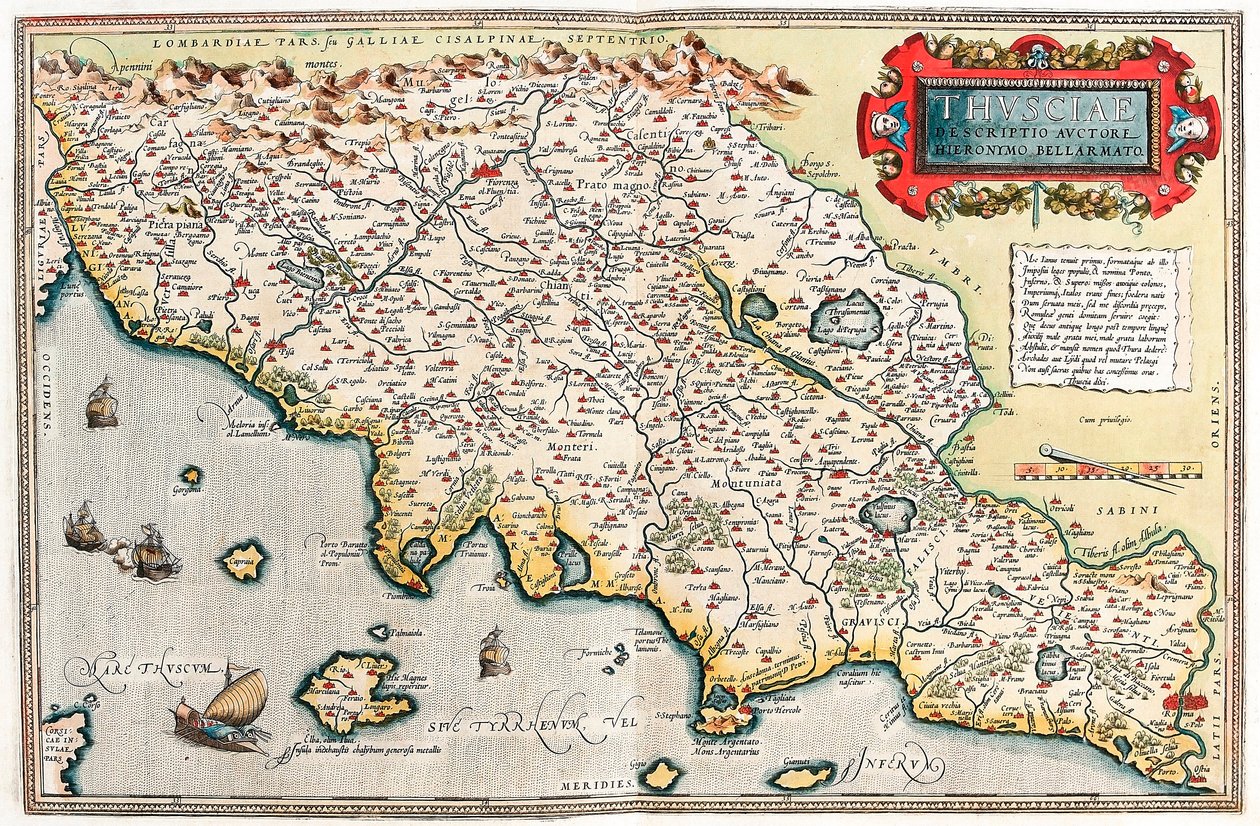 Thusciae Beskrivelse av forfatteren Hieronymo Bellamarto Geografikart over territoriet til Toscana i Italia fra "Theatrum Orbis Terrarum" av Abraham Ortelius (Oertel, Ortell eller Ortel av Abraham Ortelius