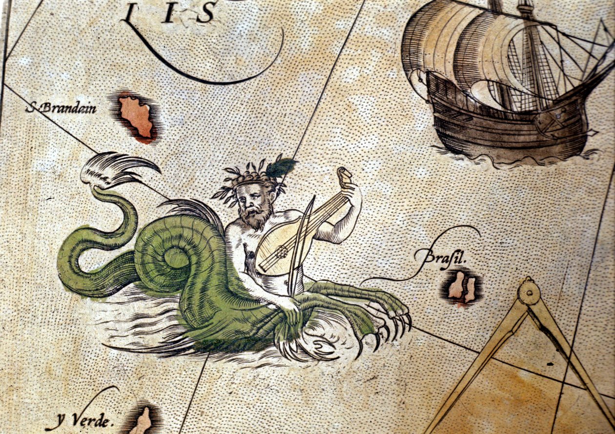 Triton spiller lut nær øya Saint Brendan (Brendan). "Theatrum Orbis Terrarum" av Abraham Ortelius, Antwerpen 1584 av Abraham Ortelius