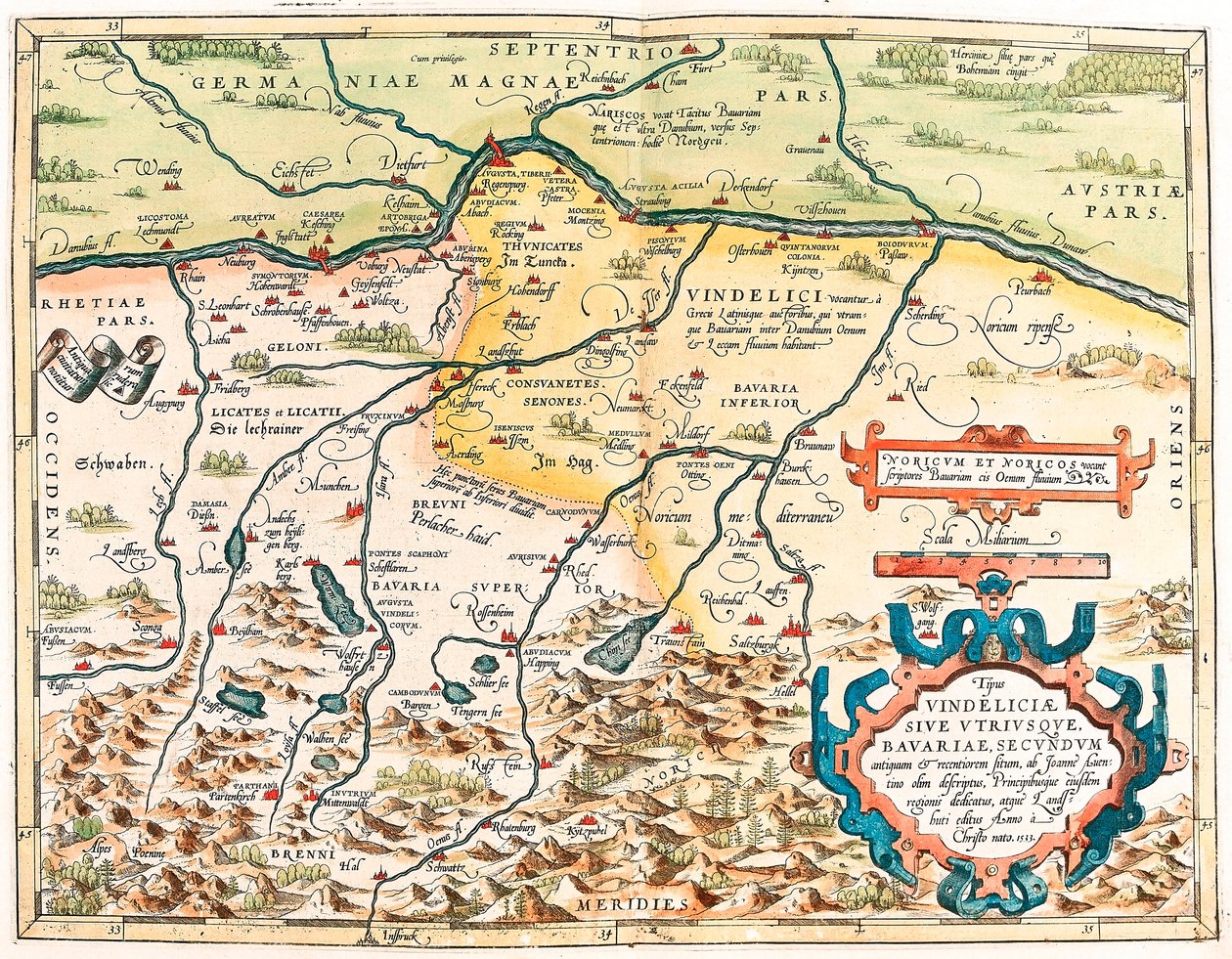 Typus Vindeliciae Ssive Begge i Bayern: Ifølge et eldgammelt og moderne sted beskrevet av John Aventine... Geografisk kart over territoriet til Baviere i Tyskland fra "Theatrum Orbis Terrarum" av Abraham Ortelius (Oertel, Ortell eller Ortel av Abraham Ortelius