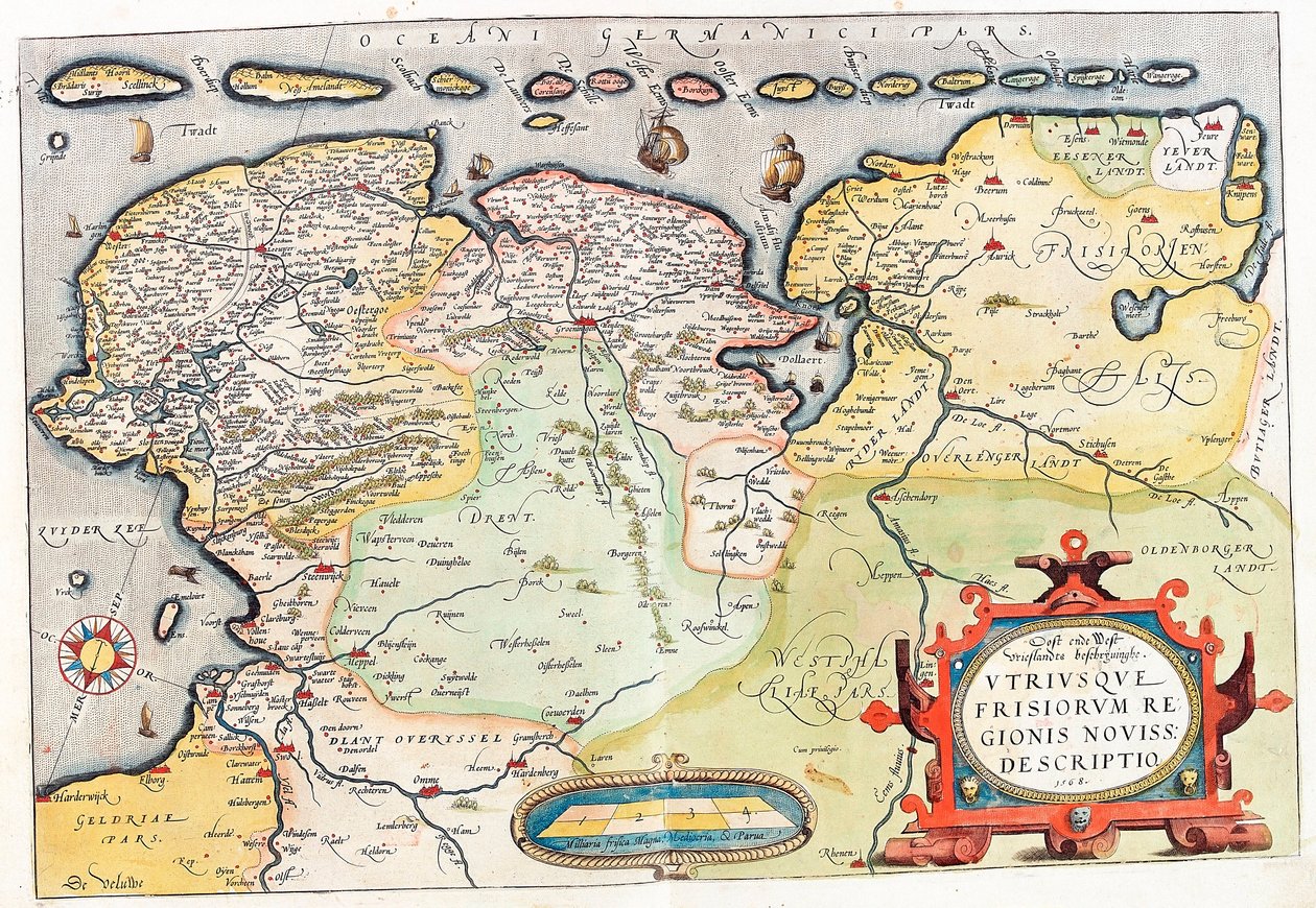 Begge av Frisii, av det nye distriktet. Beskrivelse Geografikart over territoriet til Nederland med byene Groningen (Groeningen) og Leeuwarden... hentet fra "Theatrum Orbis Terrarum" av Abraham Ortelius (Oertel, Ortell eller Ortel av Abraham Ortelius