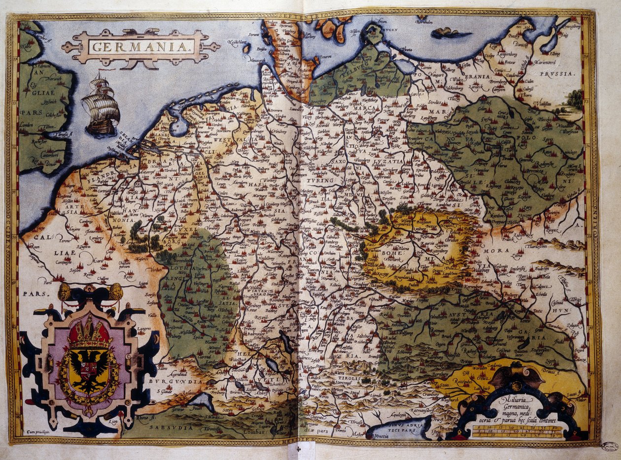 Utsikt over Preussen. Tallerken fra en utgave av "Theatrum Orbis Terrarum" av kartografen Abraham Ortelius (1527-1598) av Abraham Ortelius