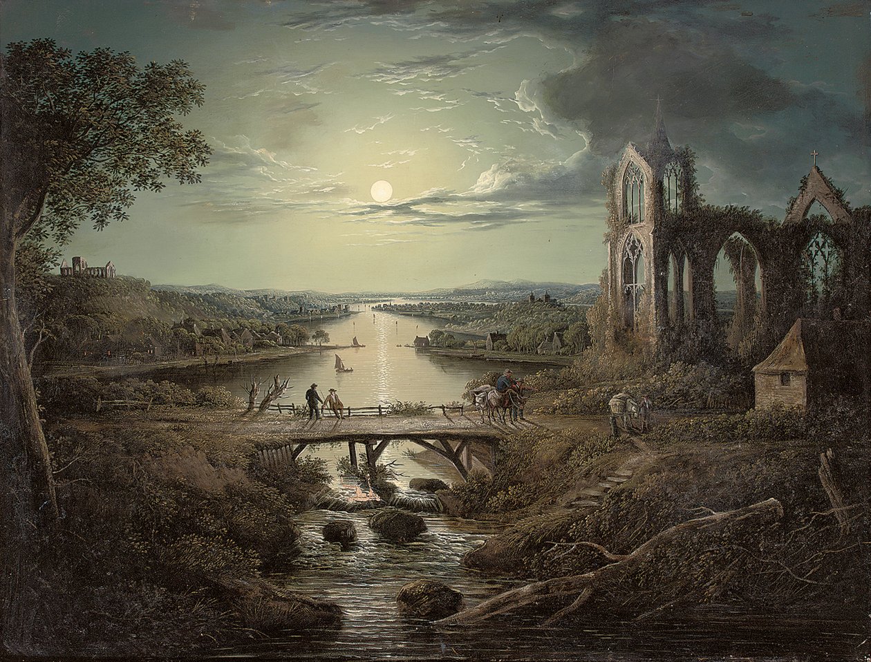 Månebelyst utsikt over elven Tweed med Melrose Abbey i forgrunnen og figurer på en bro av Abraham Pether