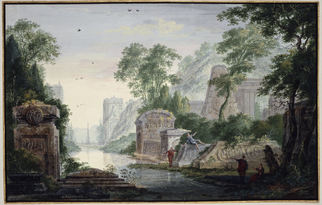 Antikke gravruiner i et elvelandskap av Abraham Rademaker