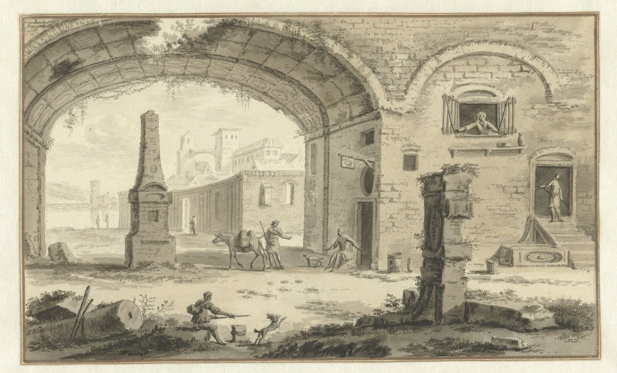 Fantasert italiensk bybilde med klassiske bygninger og utsikt under en bue av Abraham Rademaker
