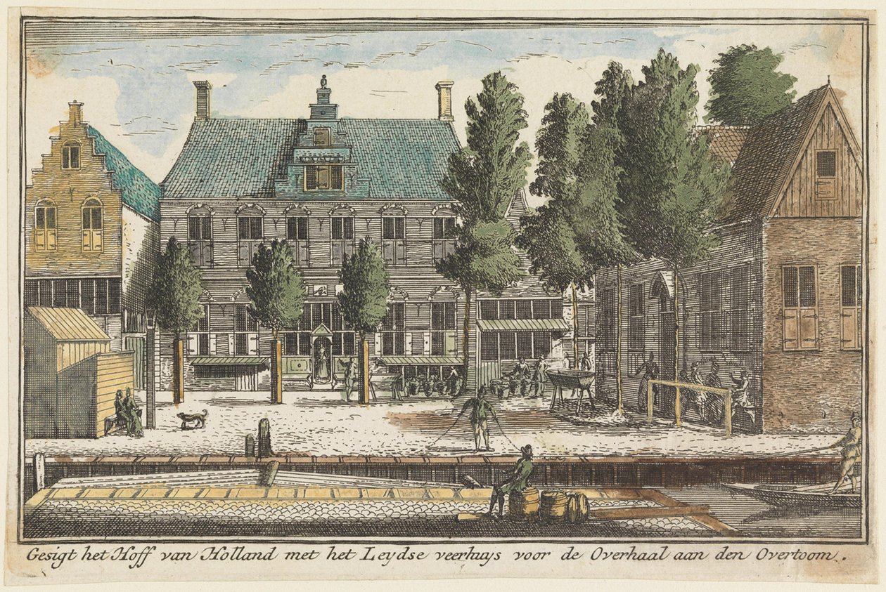 Utsikt over Hollands hoff med Leidens fergehus før overfarten ved Overtoom av Abraham Rademaker