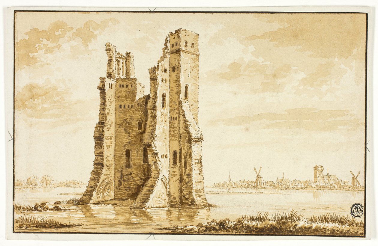 Ruinene av Merwede Manor sett fra fronten med Dordrecht i bakgrunnen av Abraham Rademaker