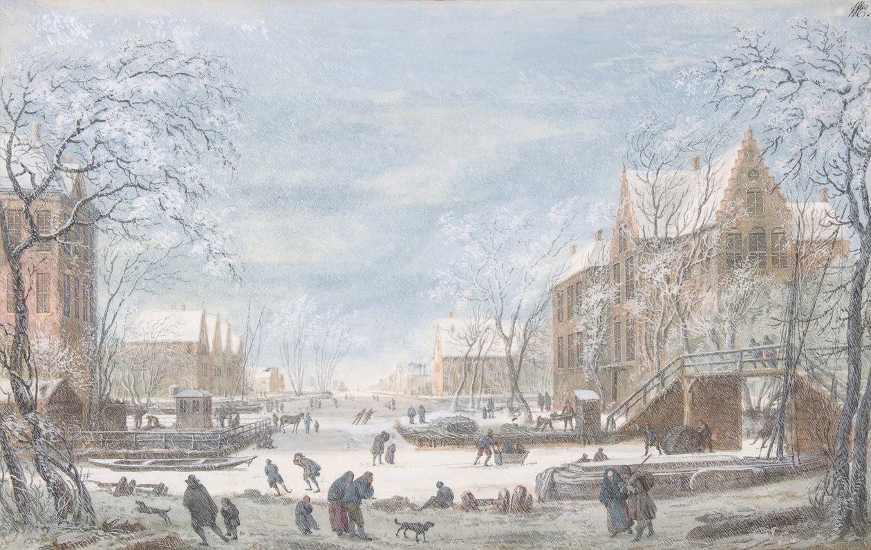 Snø faller på en nederlandsk by, n.d. av Abraham Rademaker