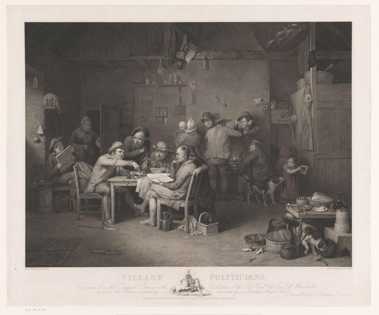 Interieur met mannen in discussie rond een tafel Village Politicians (title on object)   1357909   no       norwegian Successfully Translated  Original: Baron Moïse, the Box, from Au Pied du Sinaï Translat: Baron Moïse, the Box, from Au Pied du Sinaï 12859 av Abraham Raimbach