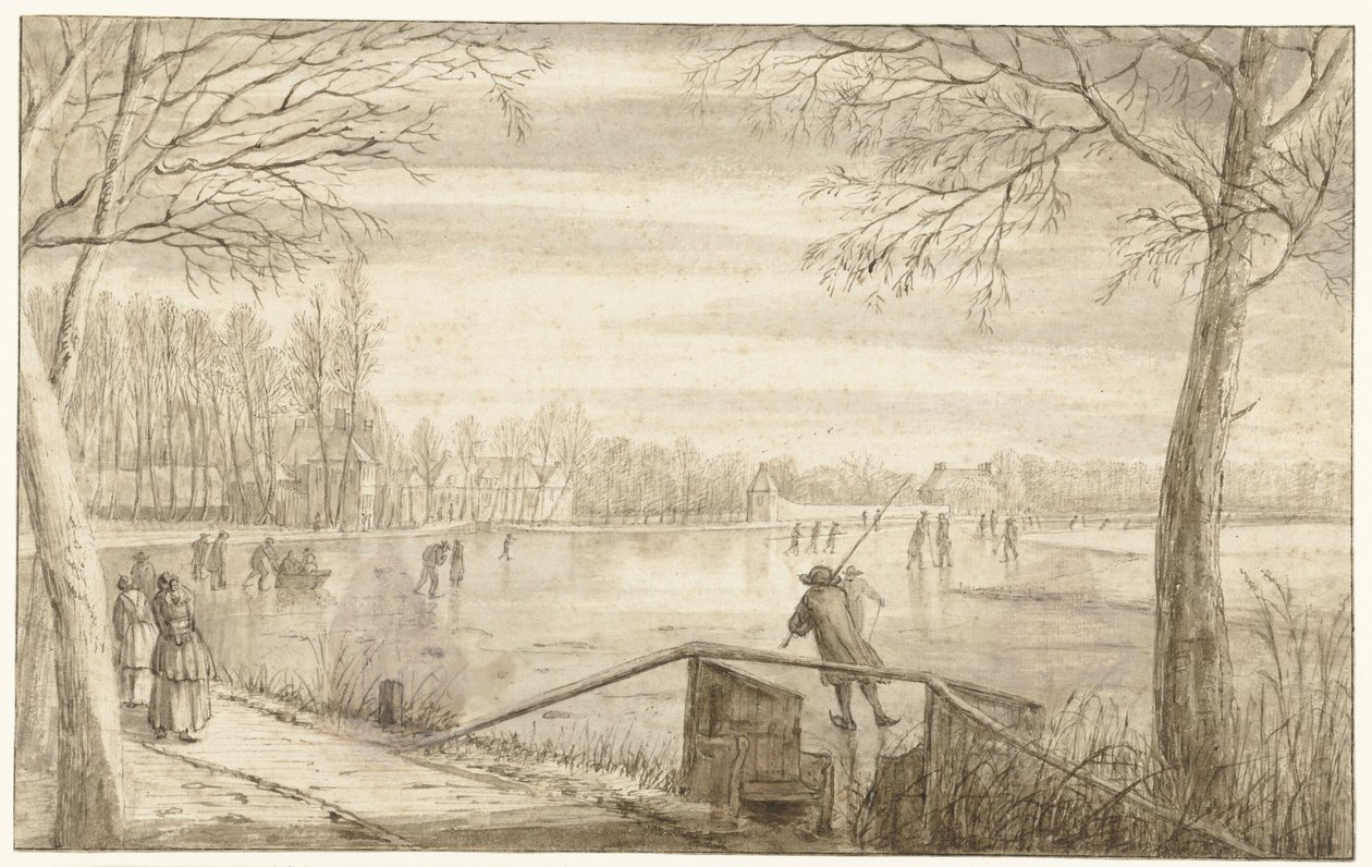Skatere på elven Vecht, nær Maarssen, med eiendommene til Daelwijck og Vechthoven i det fjerne av Abraham Rutgers