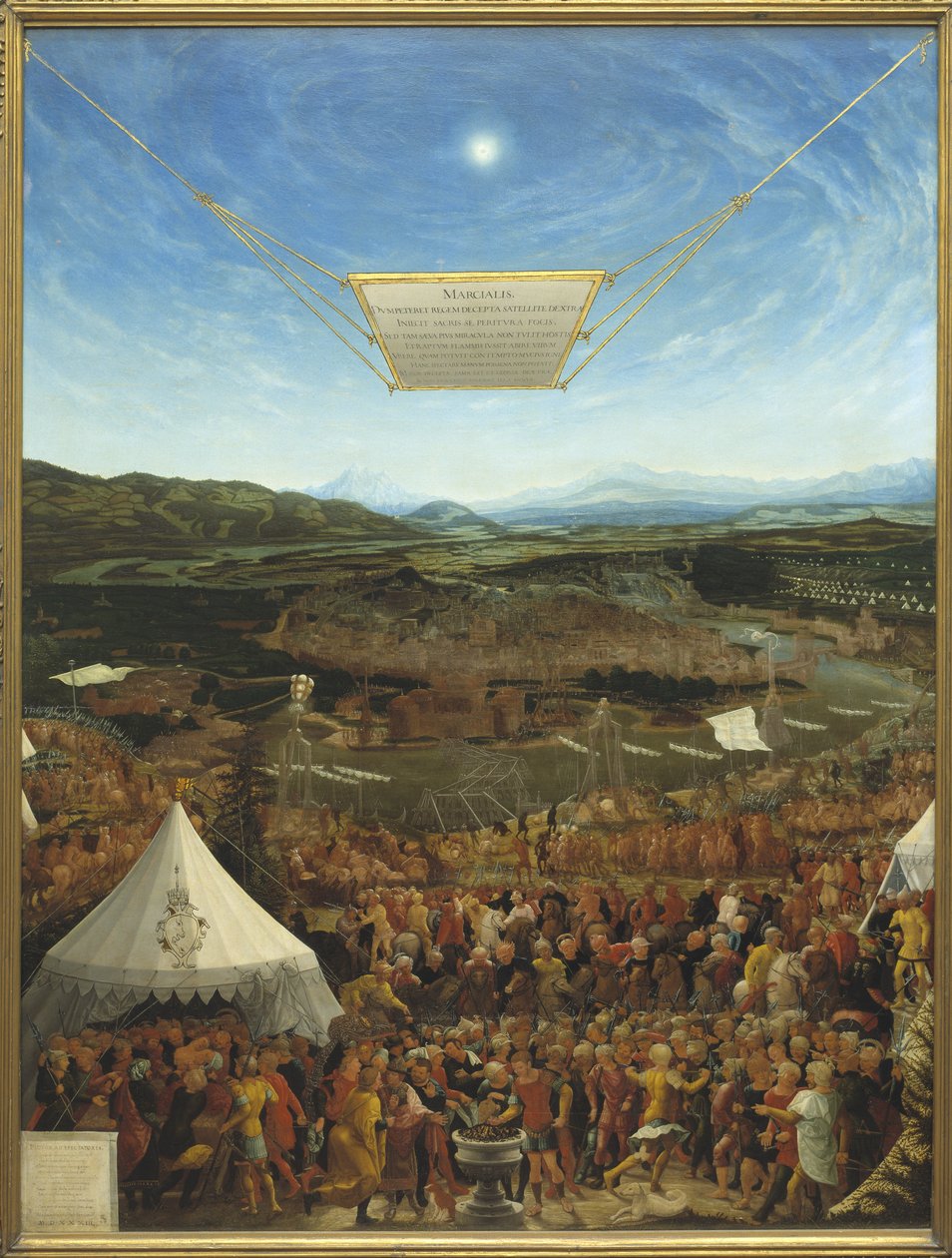 Caius Mucius Scaevola (524-480 avant JC) devant Porsena, roi de Clusium - Mucius Scaevola før Porsenna, av Schopfer, Abraham (aktiv fra midten av 1500-tallet). Olje på tre av Abraham Schöpfer