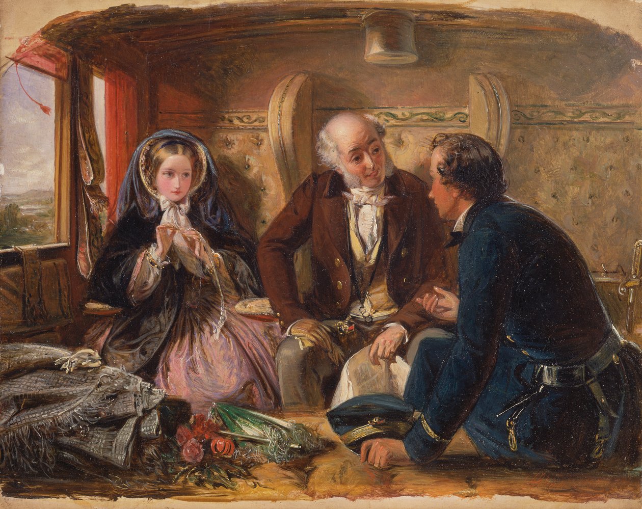 Første klasse – Møtet. "Og ved første møte elsket." [1854, Royal Academy of Arts, London, utstillingskatalog] av Abraham Solomon