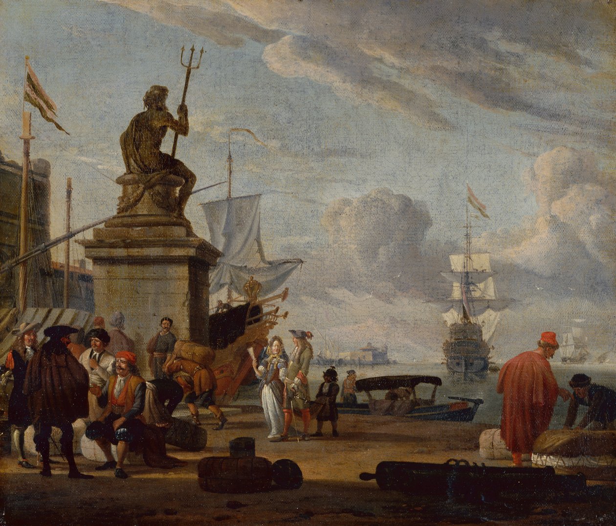 En Capriccio middelhavshavn med elegante figurer og kjøpmenn av Abraham Storck