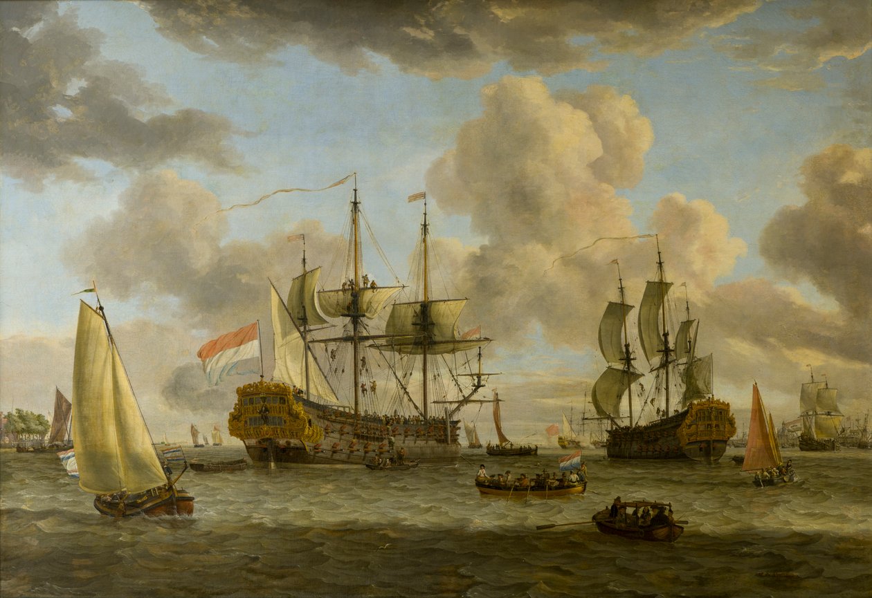 En nederlandsk fraktscene med fartøyer i munningen av elven In, ca.1664-1708 (olje på lerret) av Abraham Storck