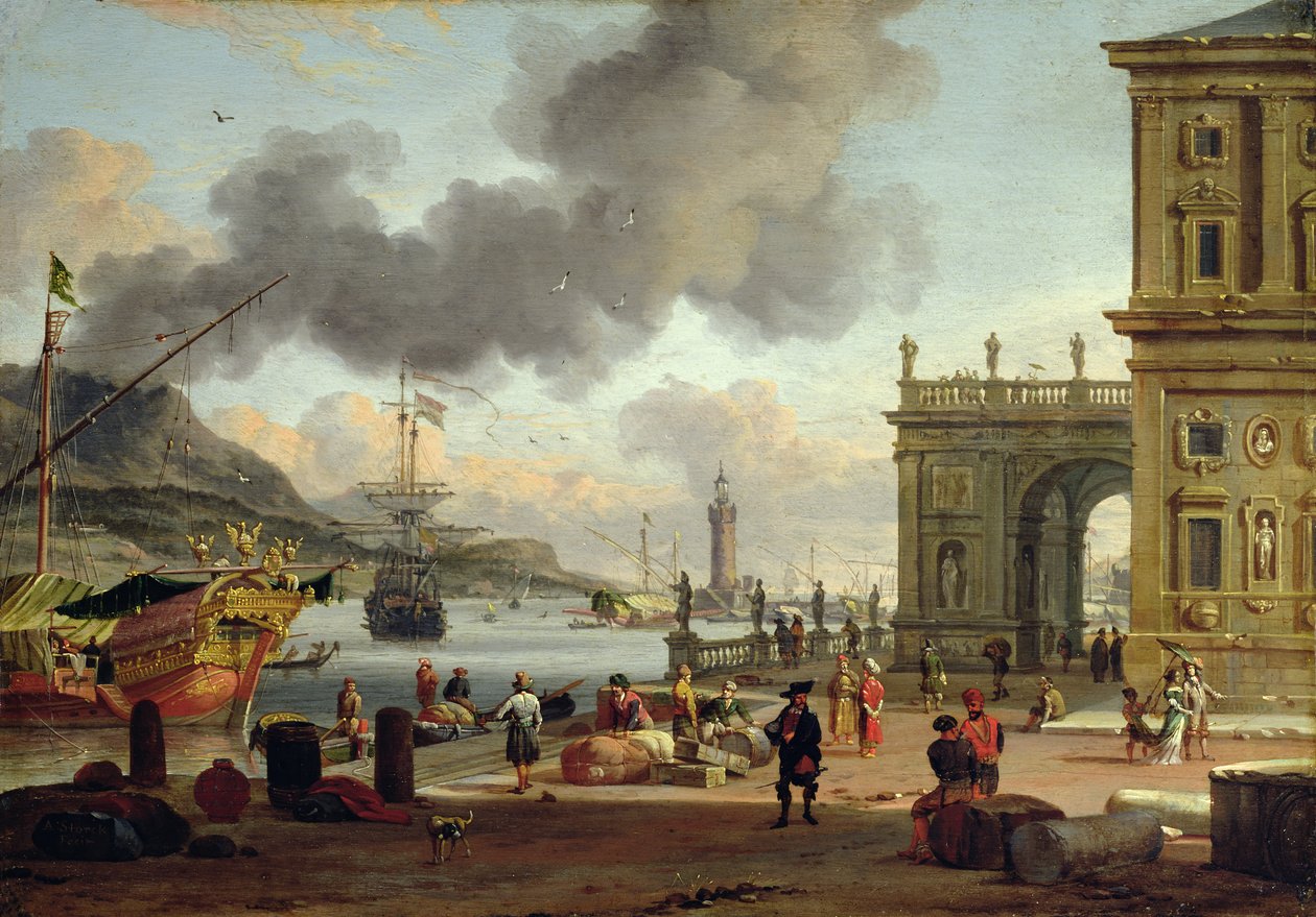 En havnescene ved Middelhavet av Abraham Storck