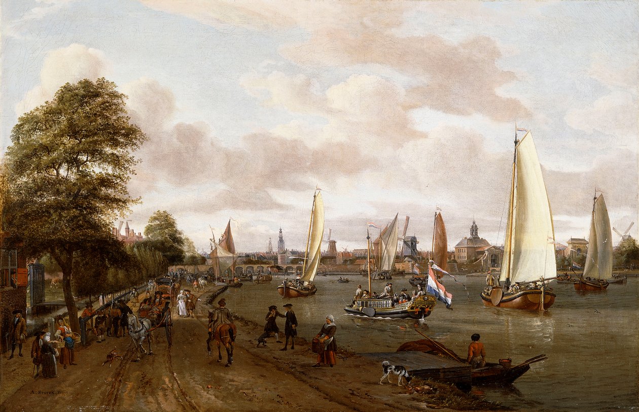 En panoramautsikt over Amsterdam med en lekter og småskip på Buiten-Amstel, av Abraham Storck