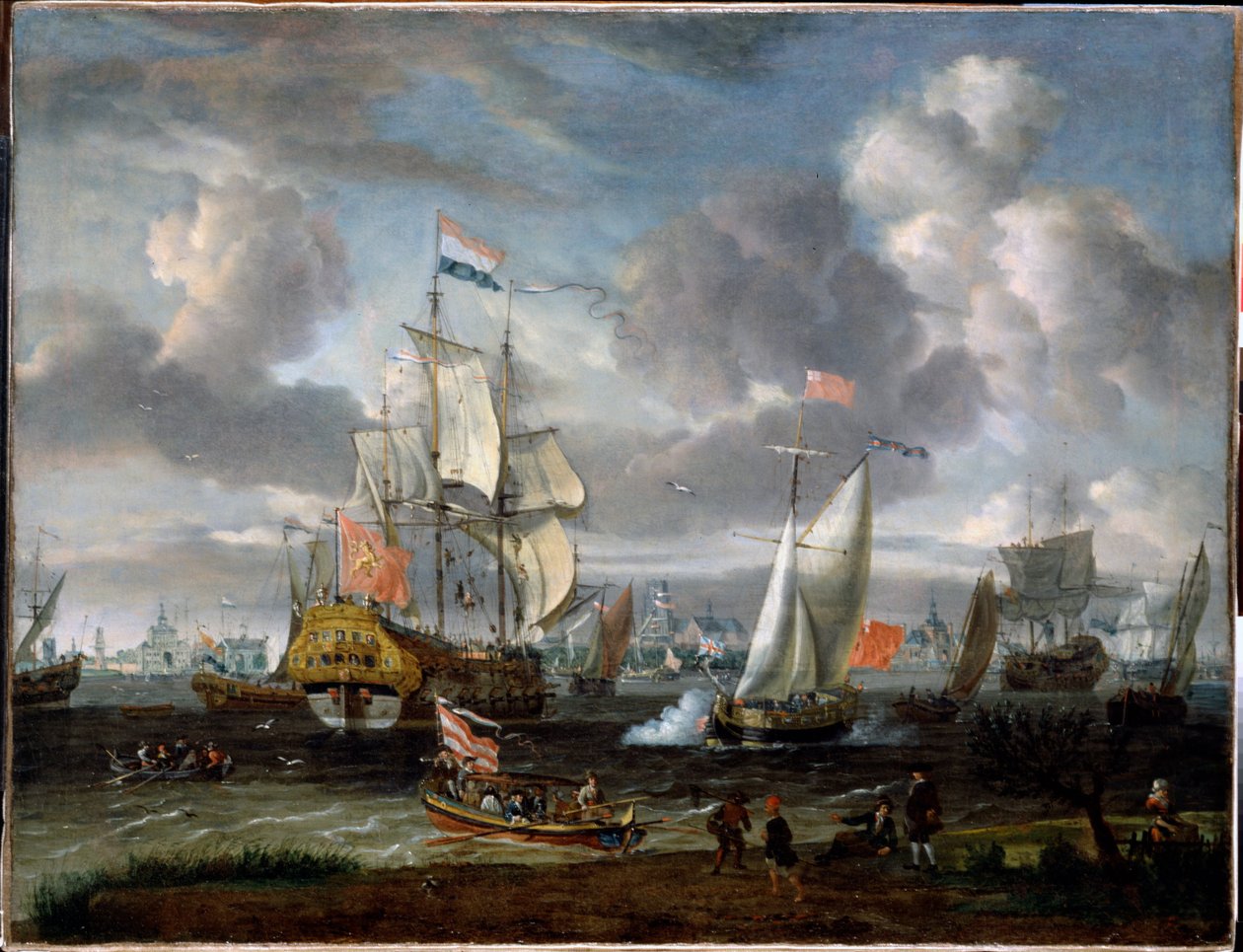 En engelsk yacht som salutterer et nederlandsk krigsskip i Rotterdam havn av Abraham Storck