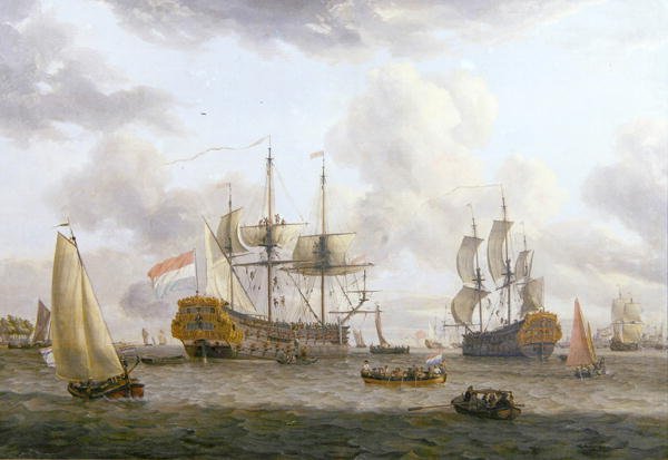 Nederlandsk fraktscene i en bred elvemunning (olje på lerret) av Abraham Storck