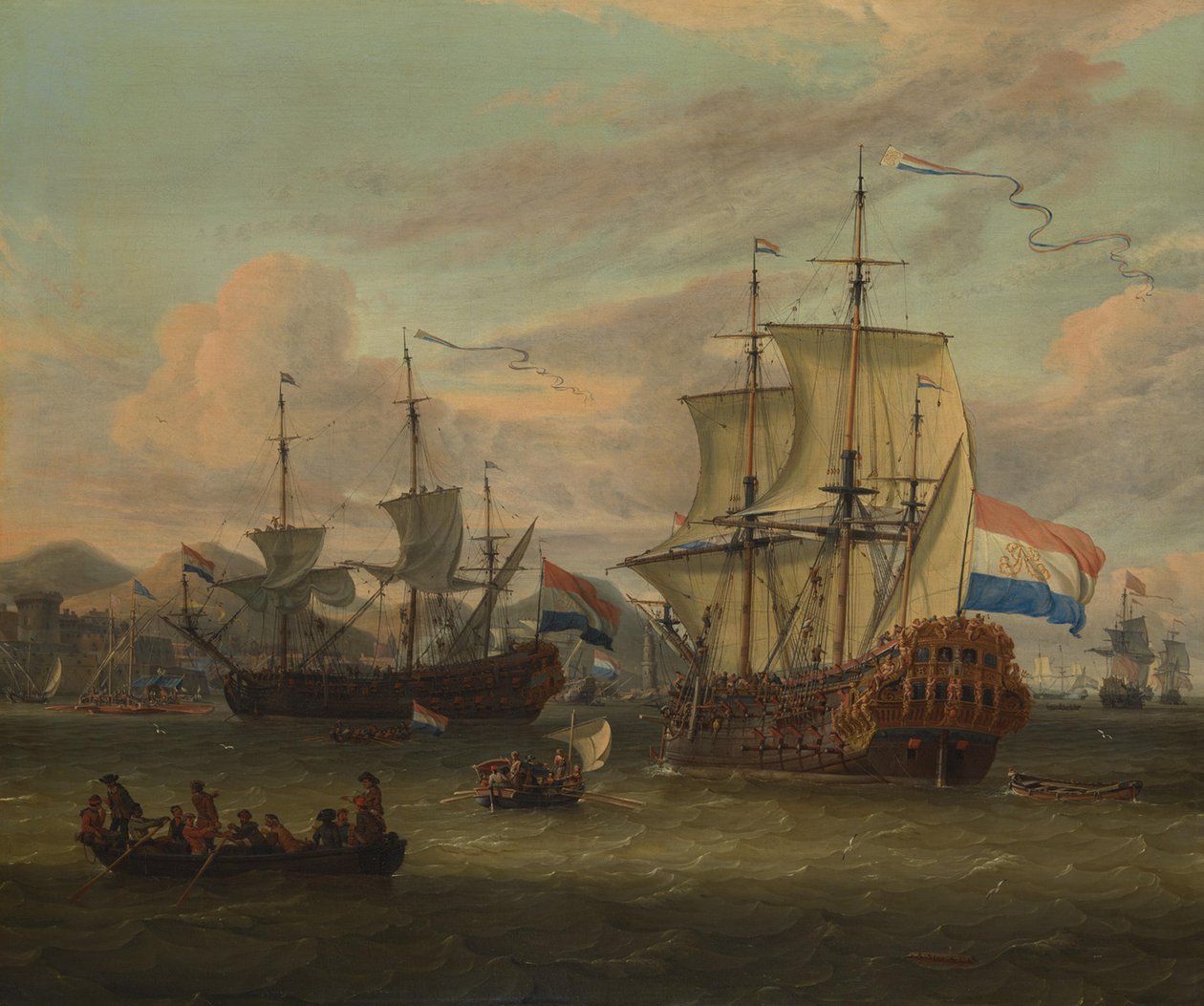 Hollandske kystfartøy ved en havn ved Middelhavet av Abraham Storck