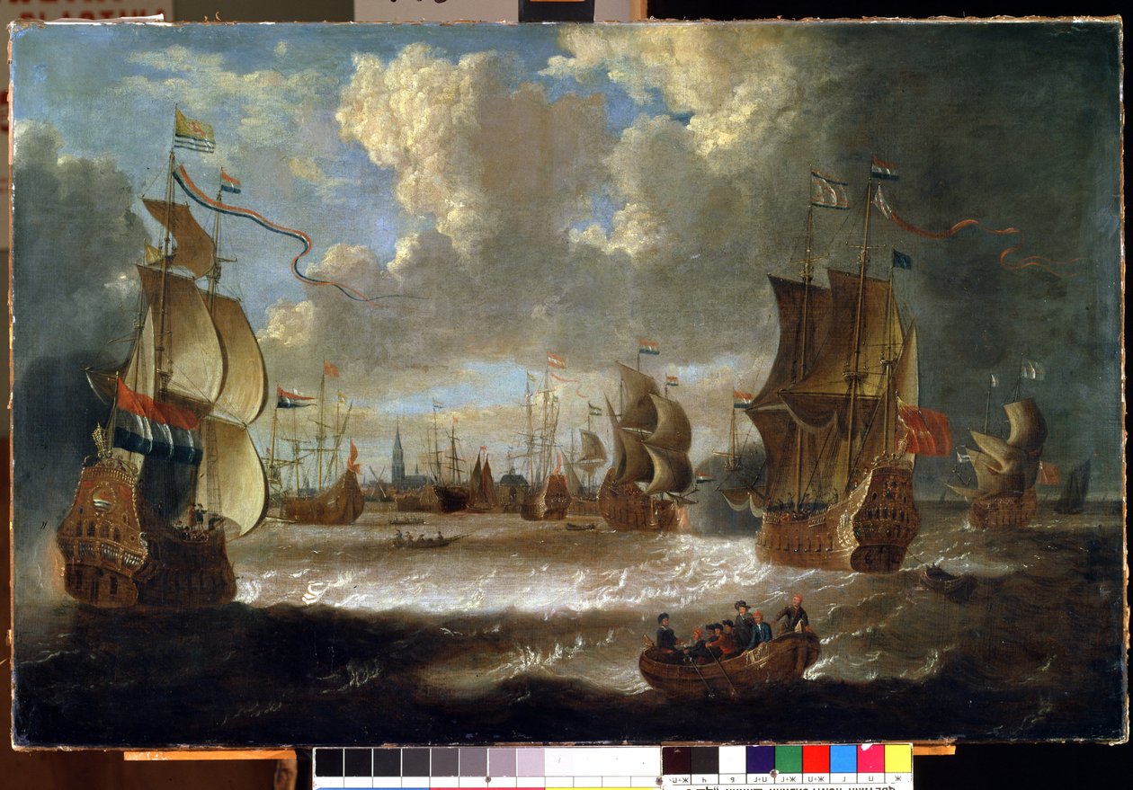 Ships in a lagoon (Ships in a lagoon). Maleri av Abraham Storck (1635-1710). Olje på lerret av Abraham Storck