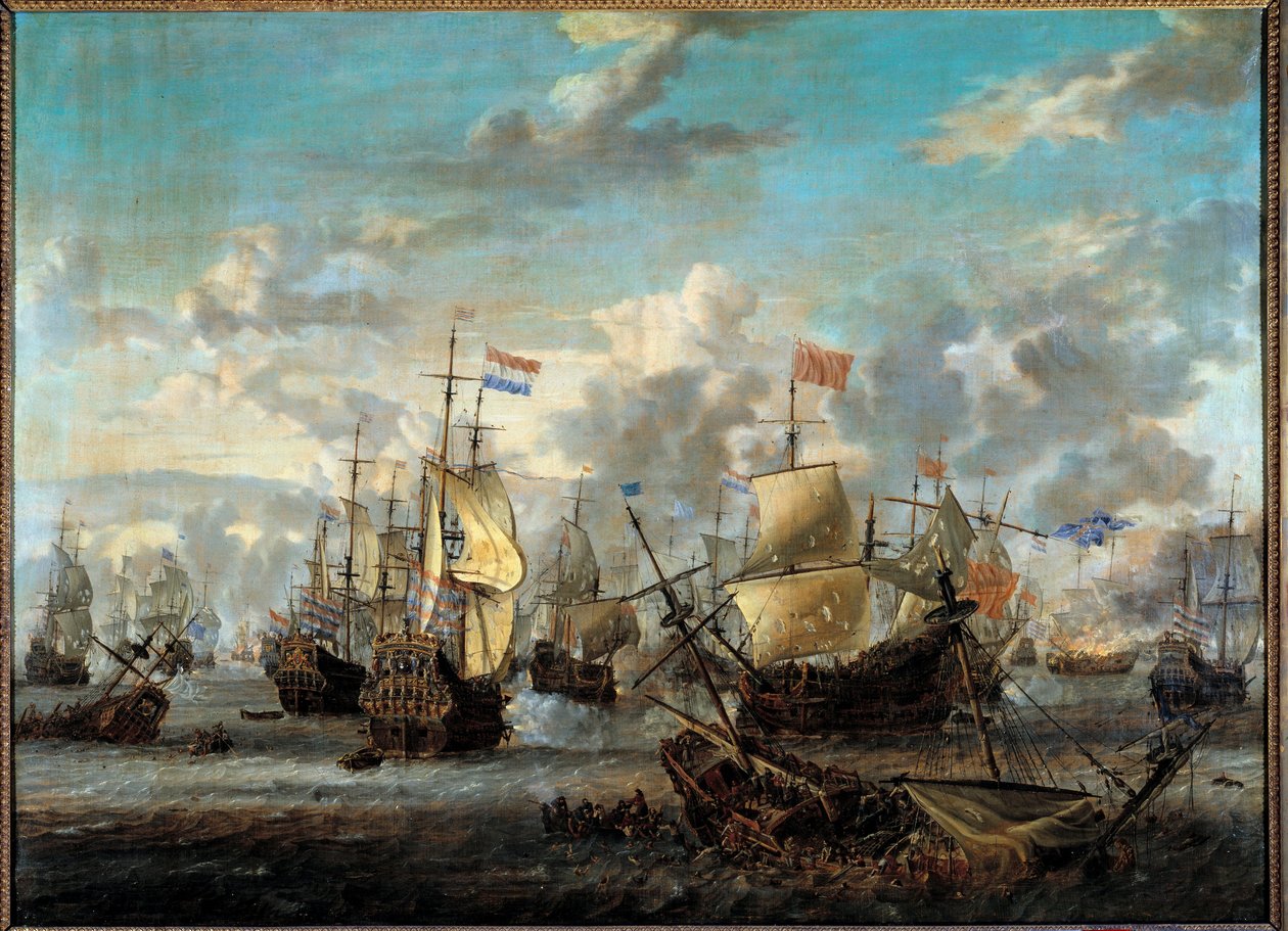 Andre anglo-neerlandskrig: "" Slaget om de fire dager fra 11 til 14/06/1666"" Hun motarbeidet de nederlandske flåtene til engelskmennene. Maleri av Abraham Storck (1635-1710) (ec.hol.) Paris fra 1600-tallet, Musee de la Marine av Abraham Storck