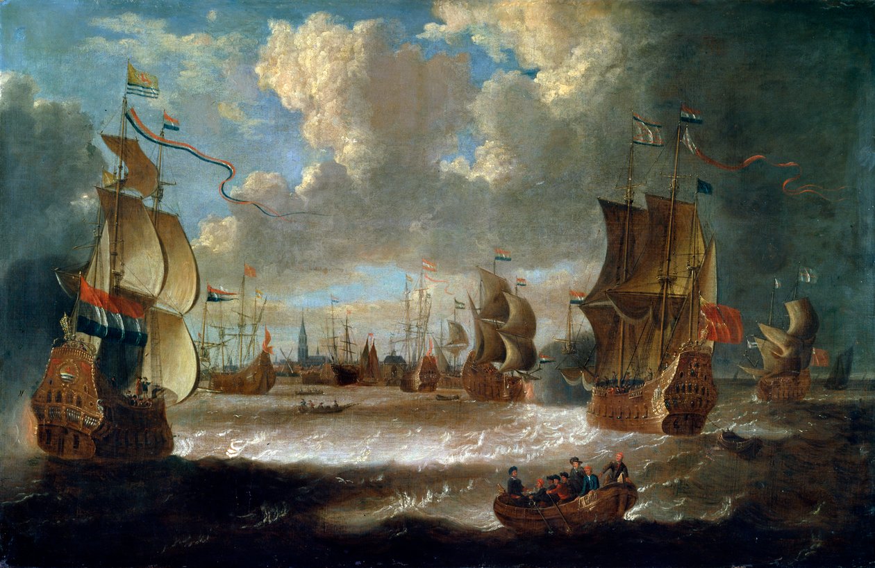 Skip i en lagune, 1600- eller tidlig 1700-tall av Abraham Storck