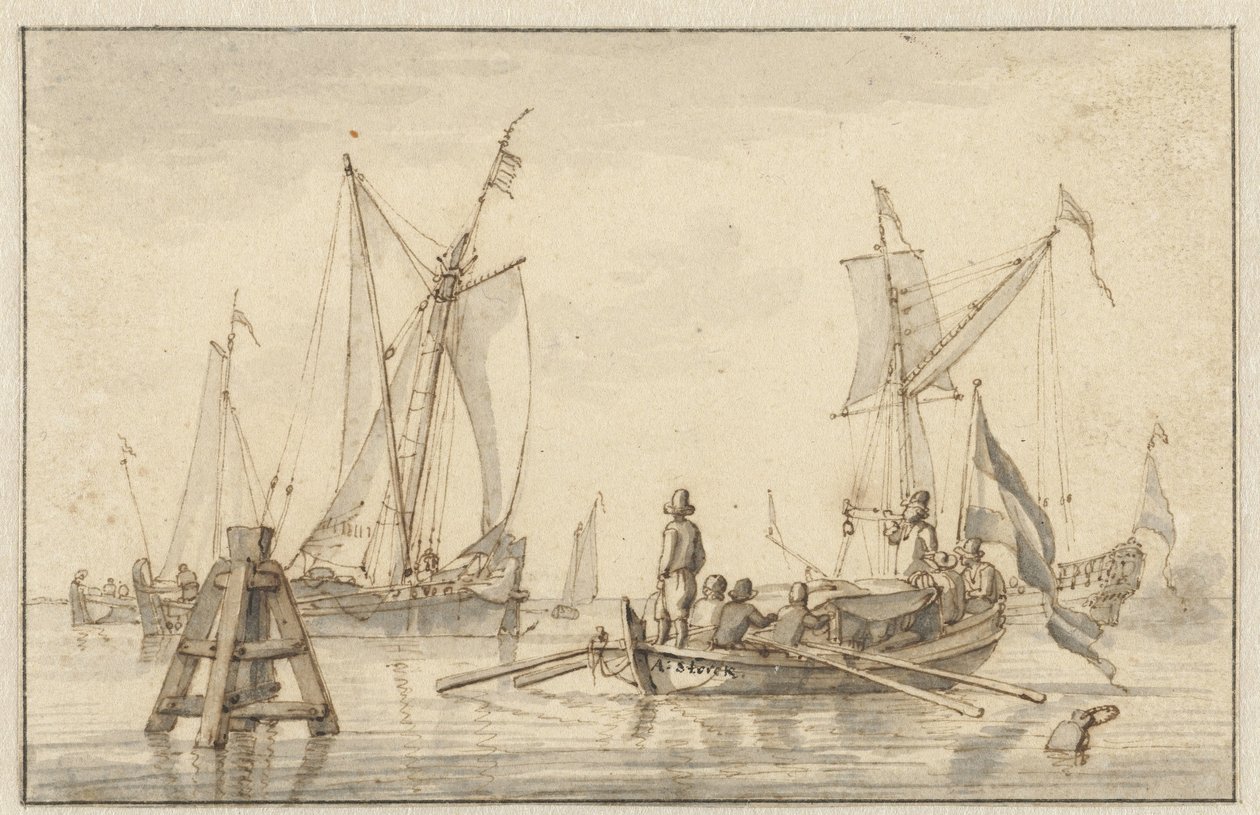 Stillehavet med noen båter av Abraham Storck