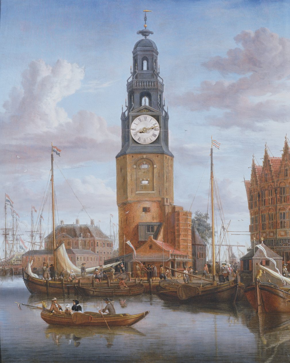 Utsikt over Haringspacker Tower i Amsterdam, med en fungerende urskive satt inn i maleriet, 1684 (panel) av Abraham Storck