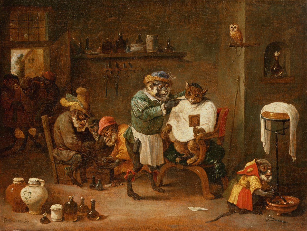 A Cat in a Barber Shop drevet av Monkeys (olje på lerret) av Abraham Teniers