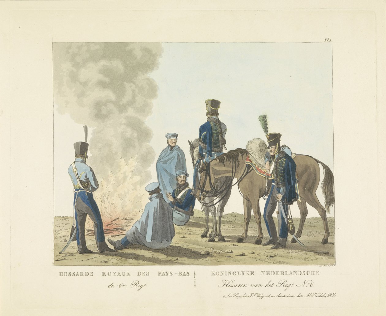 Husarer fra 6. regiment, 1820-1825 Hussards Royaux des Pays-Bas du 6m. Regt. / Royal Dutch Husars of the Regt. Nei. 6 (tittel på objekt) av Abraham Vinkeles
