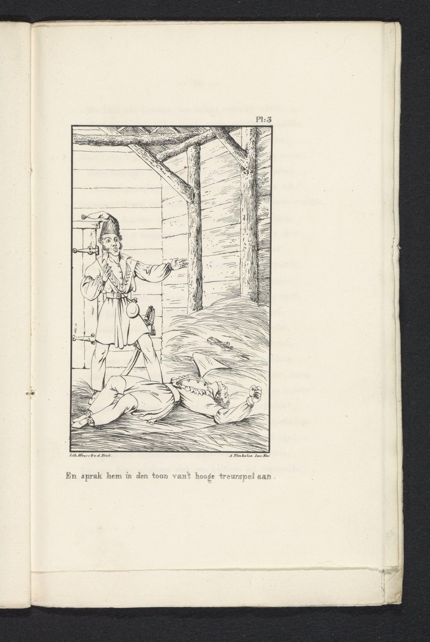 Journey of the Eighty Liegeans to Tervuren (plate 3), 1830 Og snakket til ham i tonen til den høye tragedien (tittel på objekt) av Abraham Vinkeles