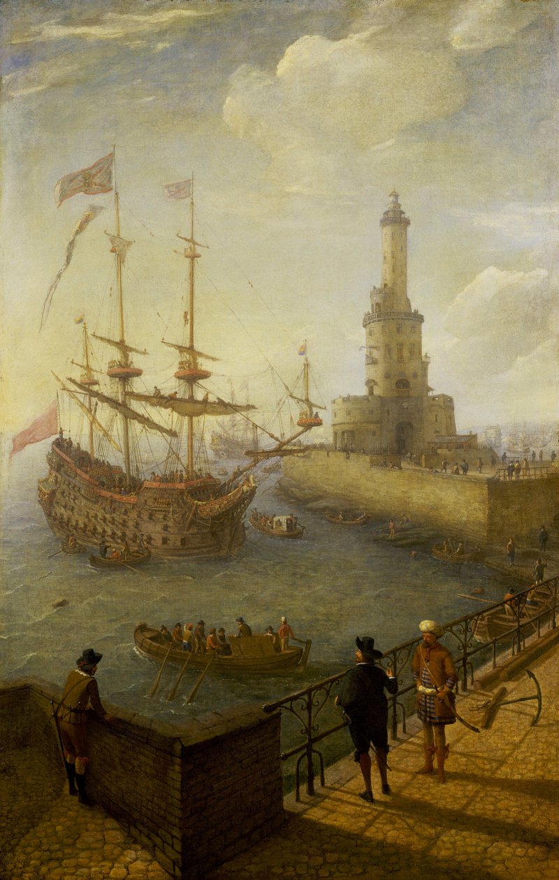 Et spansk tremastet skip ankret utenfor kysten av Napoli (Italia), sett fra en asfaltert brygge i byen, mot fyret og bygningene i middelhavshavnen. av Abraham Willaerts