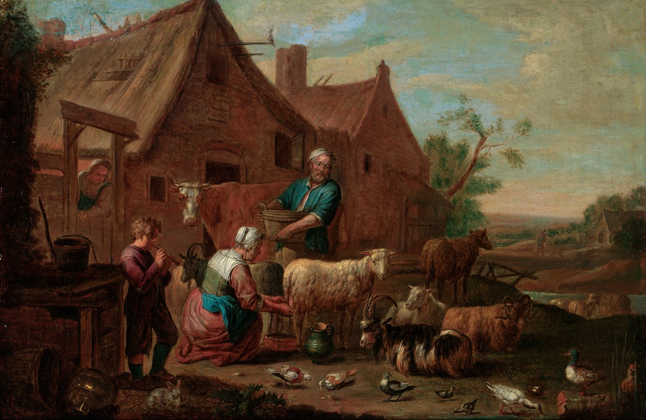Bondefamilie med storfe, sauer og geiter i en gårdstun (olje på lerret) av Abraham Willemsens