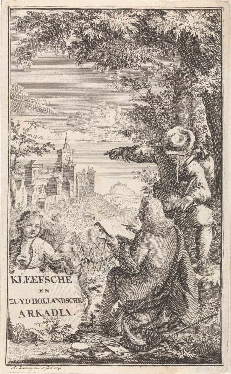 Reisende tegner byen Kleve Tittelside for: C. Bruin, Kleefsche en Zuid-Hollandsche Arkadia (...), 1730 av Abraham Zeeman
