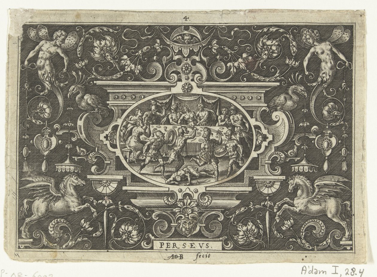 Cartouche: Phineus forstyrrer bryllupet til Perseus og Andromeda PERSEUS (tittel på objekt) Ovale kartusjer med scener fra Perseus liv i rammen av grotesker (serietittel) av Abraham de Bruyn