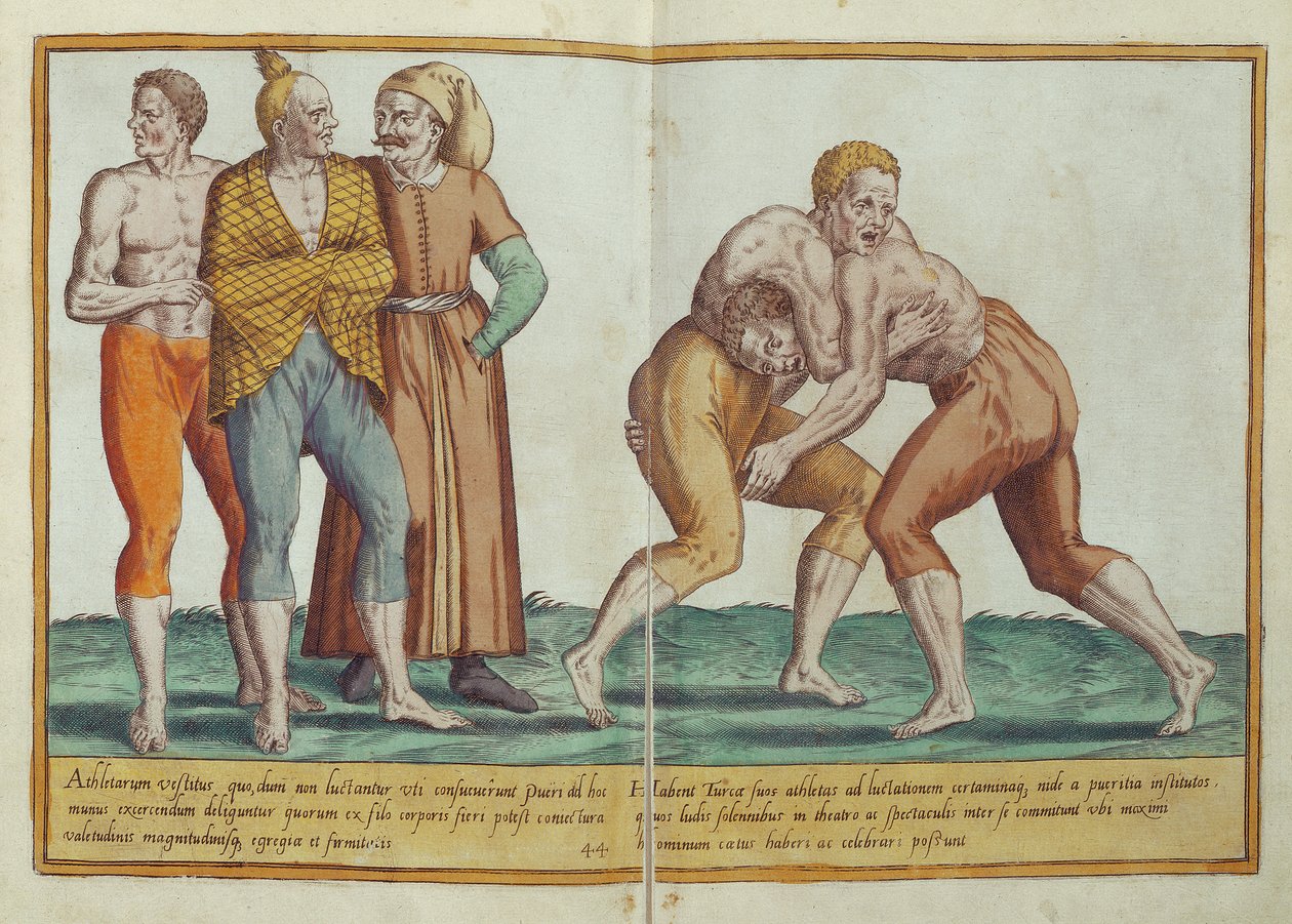 Turks wrestling, kostymer fra det sekstende århundre fra Omnium Poene Gentium Imagines, utgitt i Köln, 1577 (håndfarget gravering) av Abraham de Bruyn