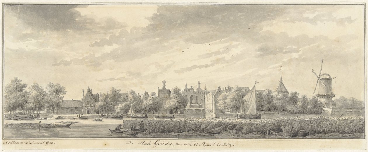 Utsikt over Gouda, fra over IJssel av Abraham de Haen (II)