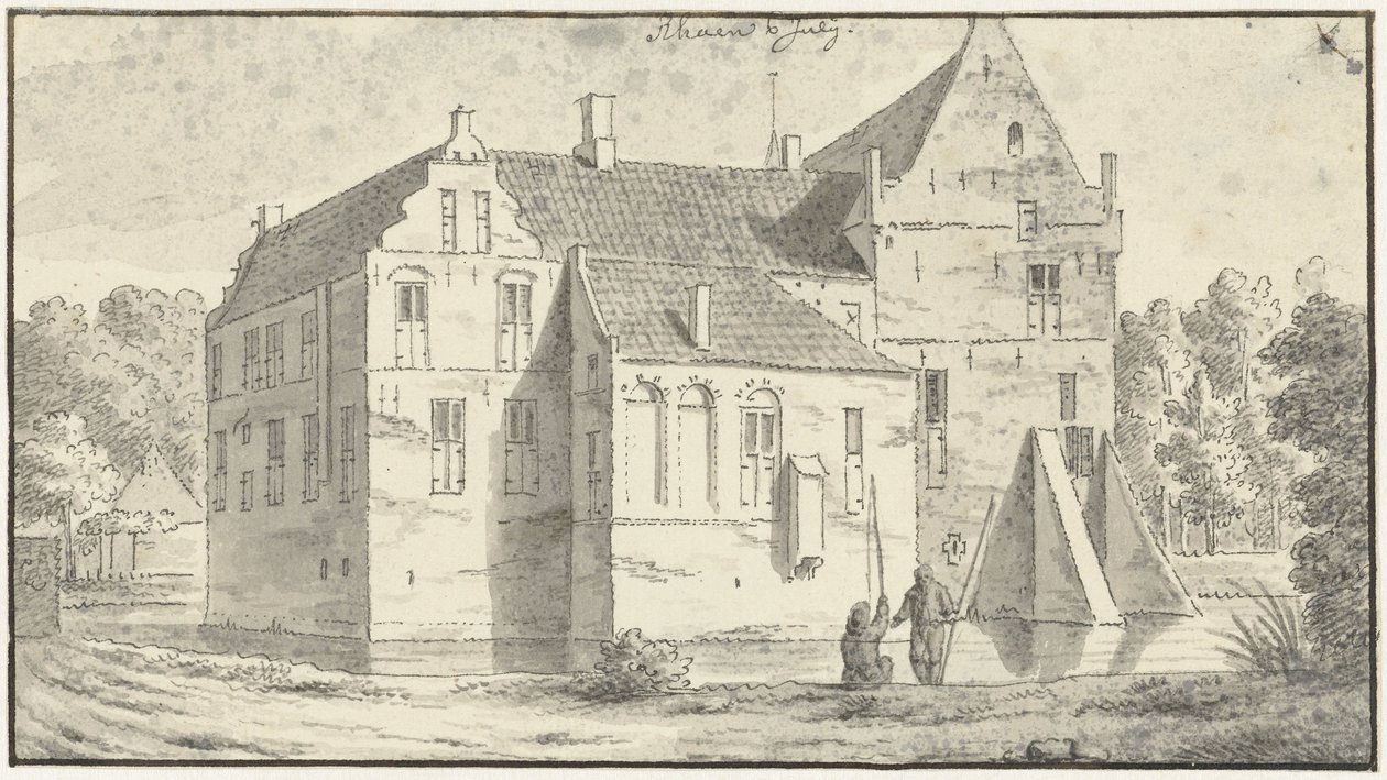 Rhaens hus i Overijssel, to sportsfiskere foran av Abraham de Haen (II)