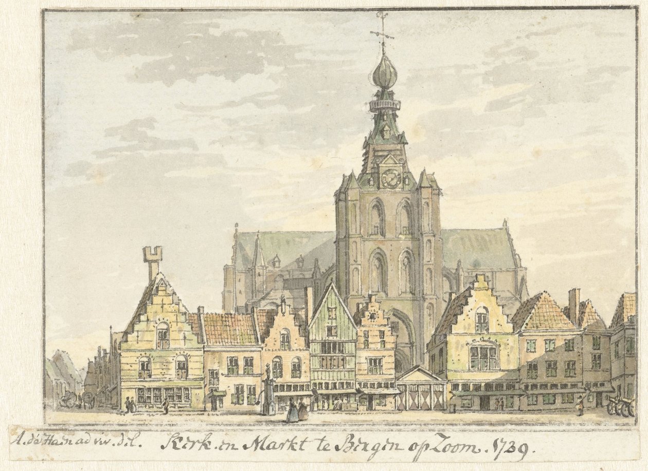 Kirke og marked i Bergen op Zoom av Abraham de Haen (II)