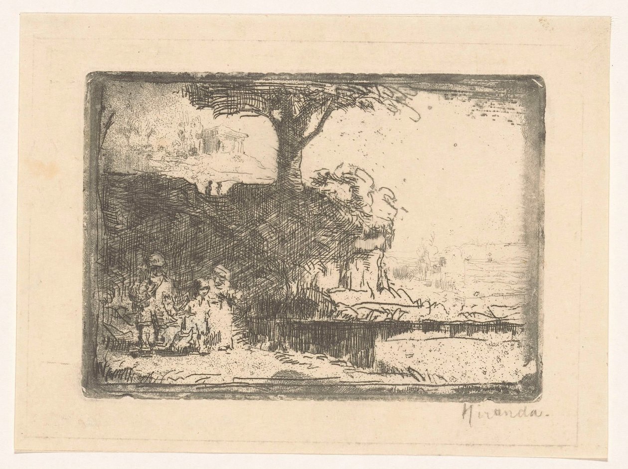 Landskap med tre figurer av Abraham de Miranda (signed by artist)